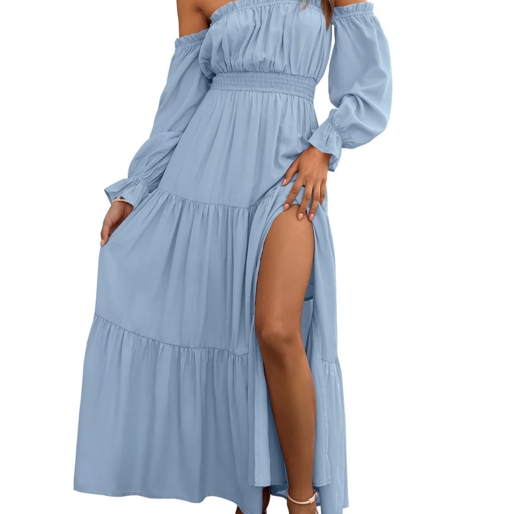 Off-Shoulder Blue Maxi Dress